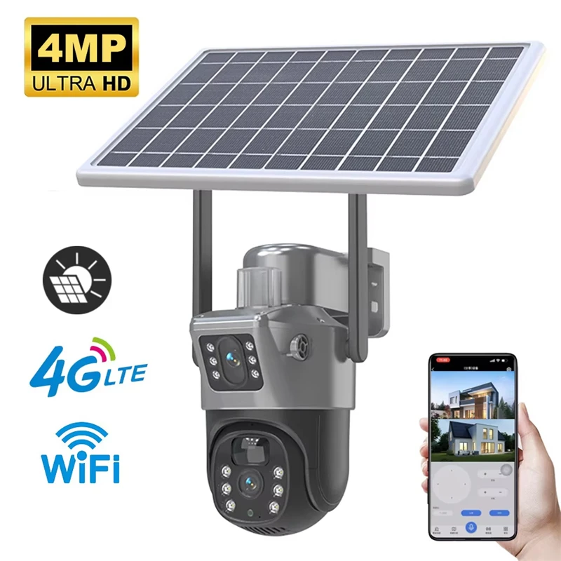 4MP 4G WLAN Solar-Kamera mit Doppellinse und Doppelbildschirm, Kabellose PTZ IP-Kamera für Außenbereich mit Solarpanel, Sicherheitsüberwachungskamera
