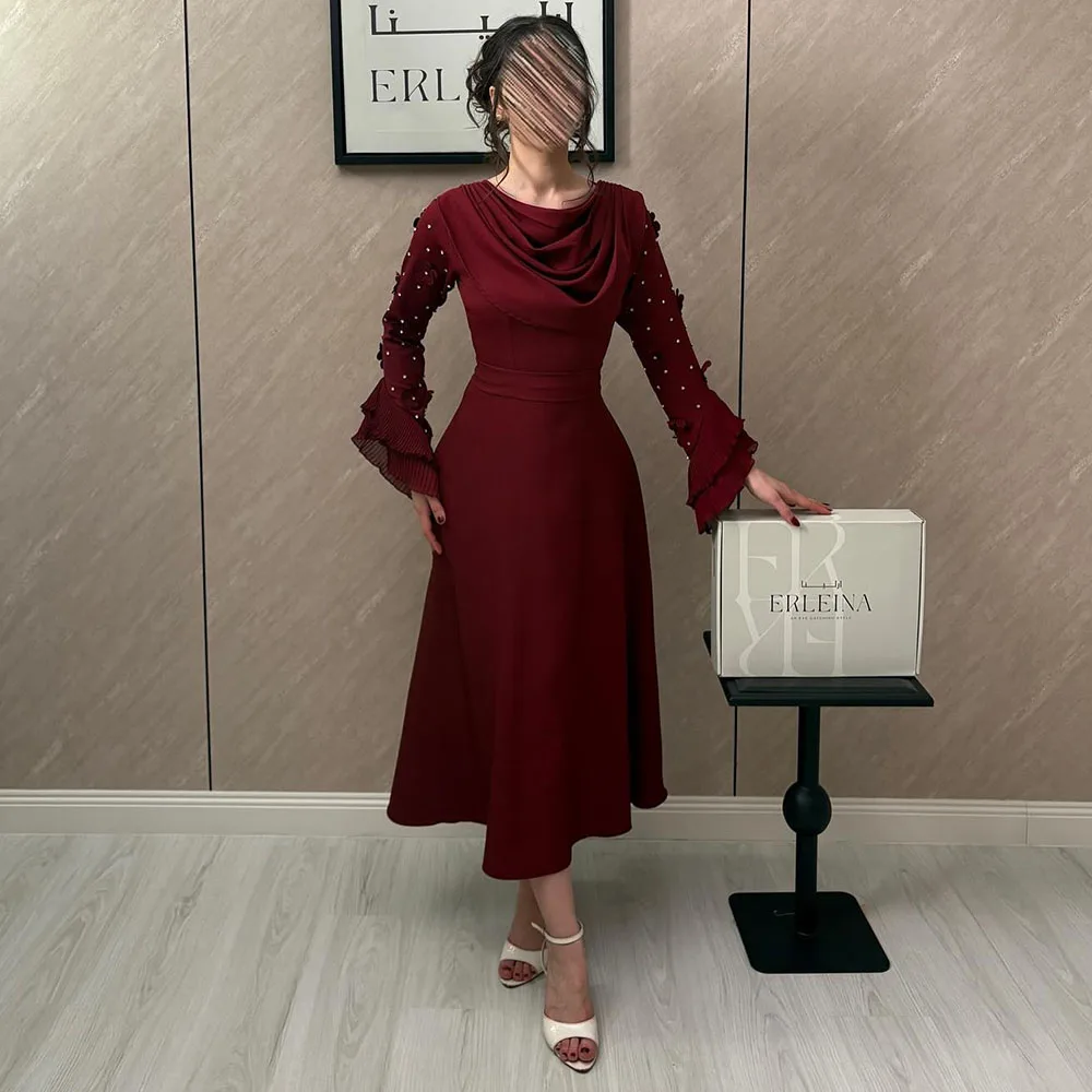 

Latest Burgundy Tea Length Evening Dresses for Women Saudi Long Sleeves with Pearls Pleats O-Neck Customized Wedding Party Gowns