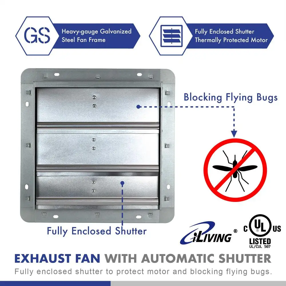 12 inch wandgemonteerde afzuigventilator met thermostaat, variabele snelheidsregeling, aluminium luiken 960 CFM, industriële kwaliteit UL-gecertificeerd 1400 m2