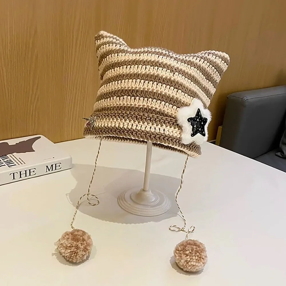 Crochet Cute Cat Y2K Cute Y2K Beanie Hat Striped Star Devil Hat Knitted Beanie Hat Autumn Winter