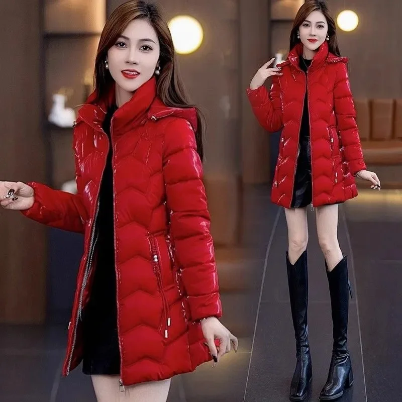 Pearlescent Colorful Cotton Jacket for Women Medium Long 2024 New Winter Cotton Jacket Stylish Slimming Shiny Thick Cotton Coat