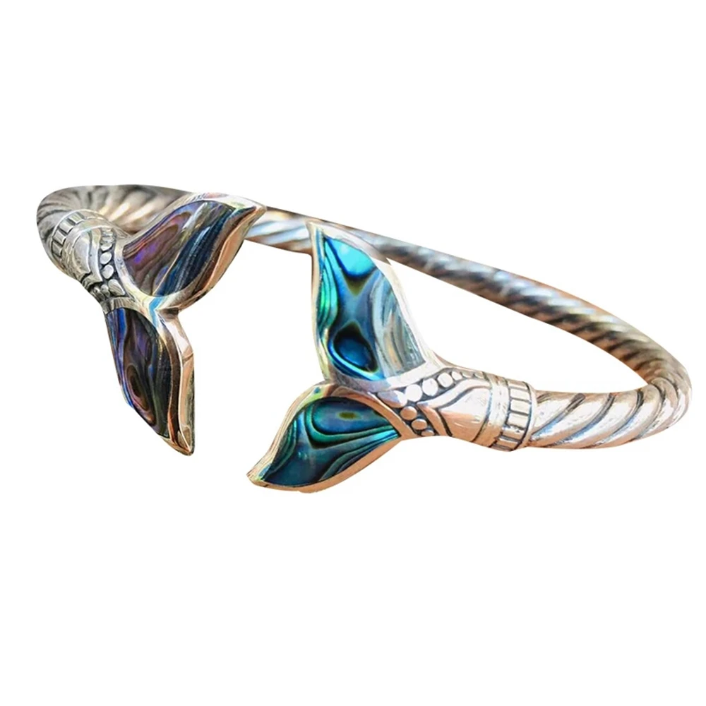 Abalone Shell and Mermaid Tail Bangle Bracelet Adjustable Open Hand Chain for Women Bracelets Girls