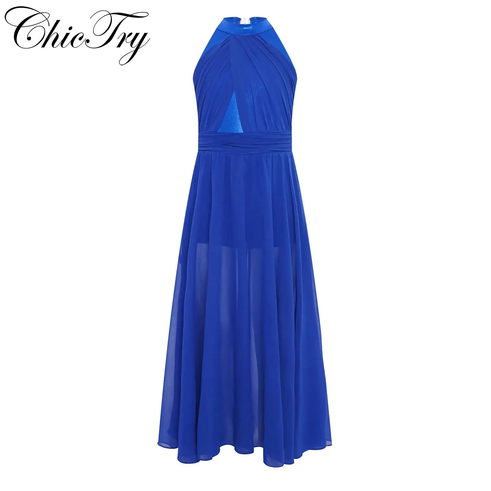 

Kids Girls Ballet Leotard Dress Modern Contemporary Lyrical Dancewear Sleeveless Metallic Ruched Split Chiffon Dress Costumes