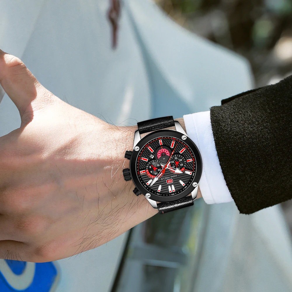 الراقية MINI FOCUS MF0288G ساعات المعصم الفاخرة حزام من الجلد مقاوم للماء التقويم الرجال ساعة كوارتز عادية