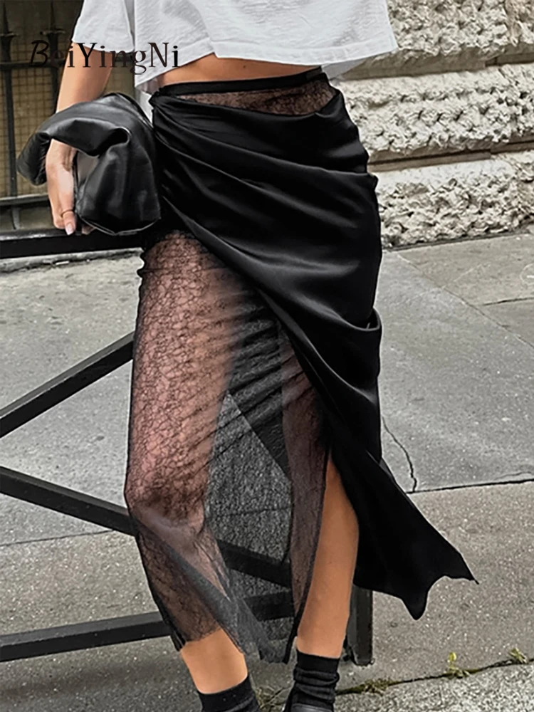 

Beiyingni 2022, весенне-осенняя женская черная юбка-миди, женские кружевные жаккардовые лоскутные длинные юбки, винтажные y2k Faldas