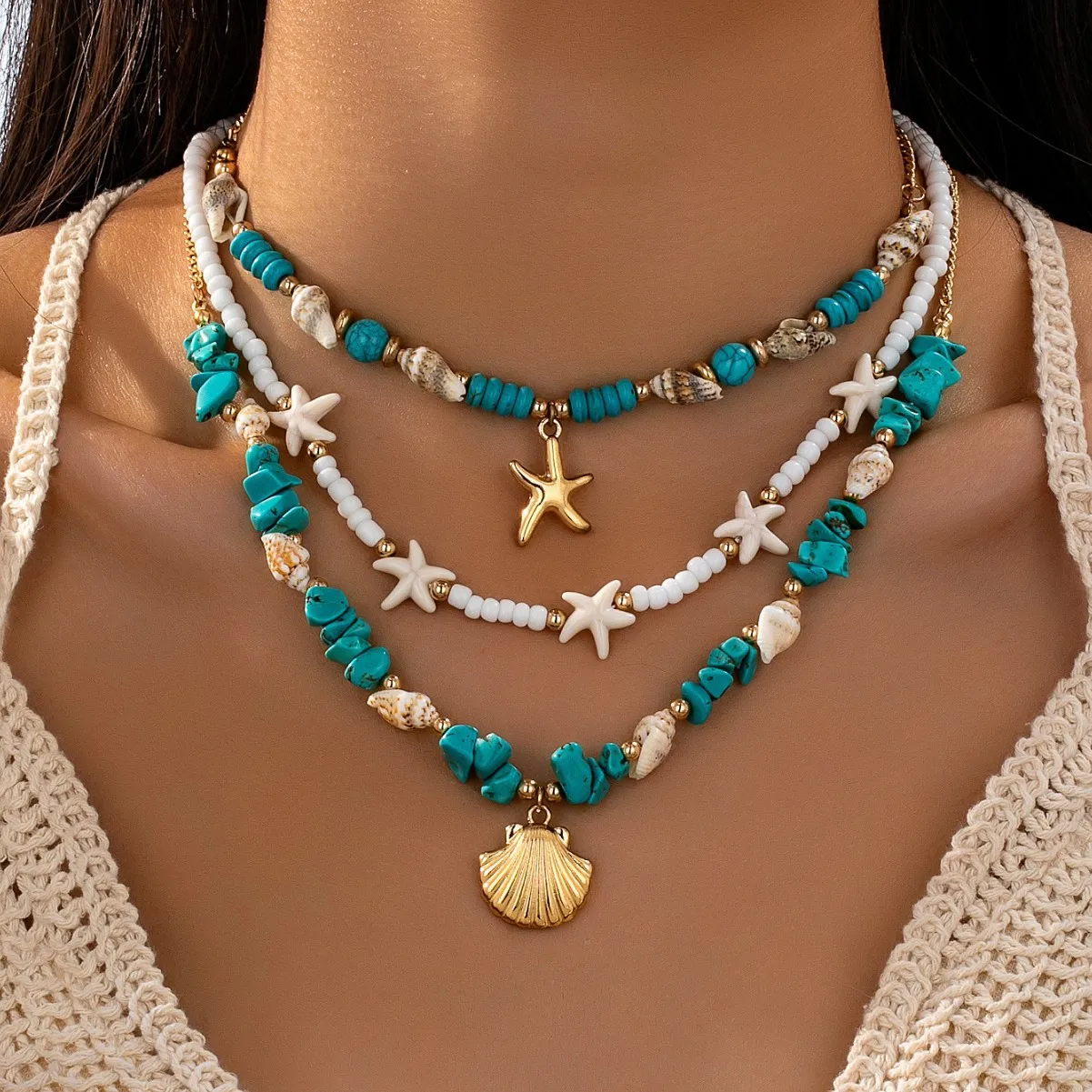 

Turquoise starfish shell multi-layer necklace ocean wind beach leisure necklace bohemian jewelry