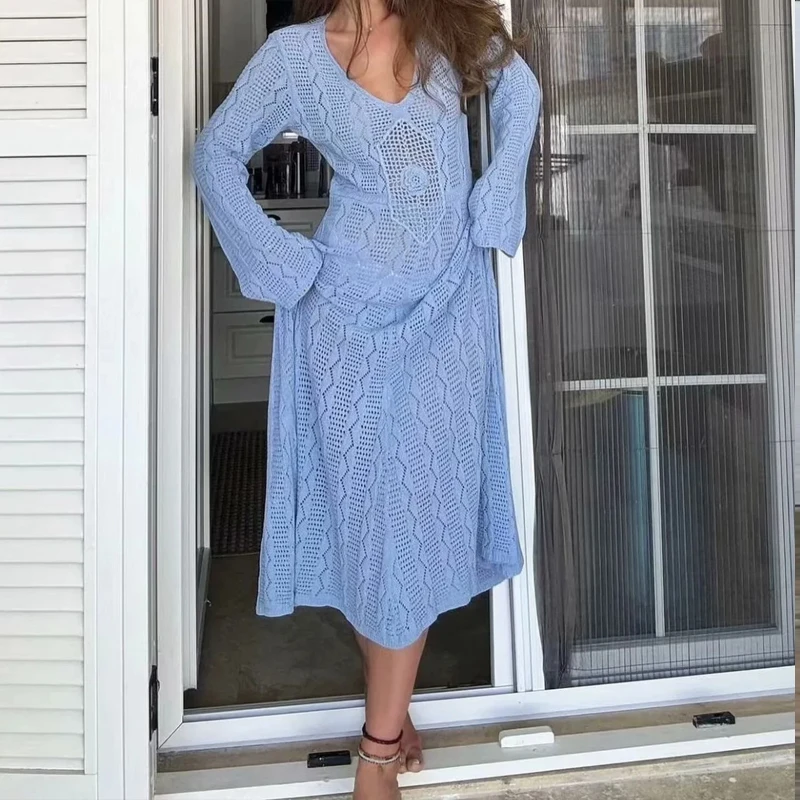 봄 새로운 니트 속이 빈 비치 커버 업 드레스 우아한 플레어 슬리브 V 넥 롱 드레스 새로운 여성 솔리드 컬러 비키니 드레스