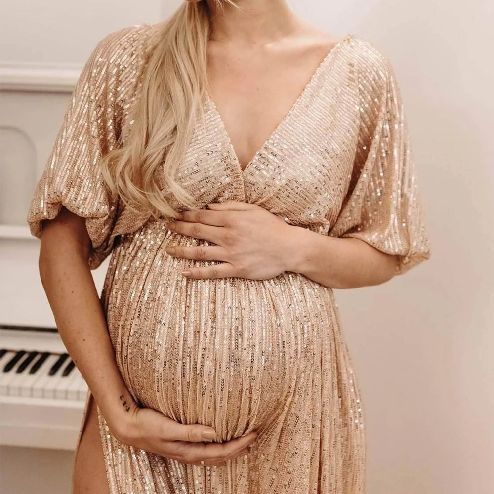 Maternity Photography Props Dress Elegant Vintage Sequin V-neck Dress For Photography Props Gown Clothes For Photo Shoot