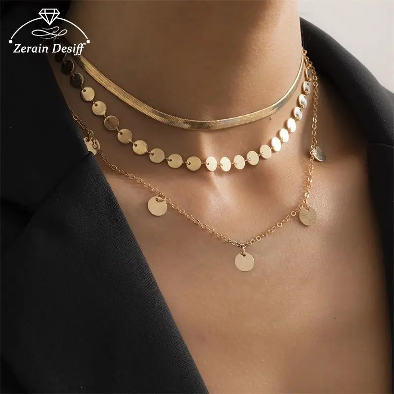 

Fashion Necklace Exaggerated Multi-layer All-match Geometric Thin Snake Chain Fringe Round Piece Jewelry for Women Gold