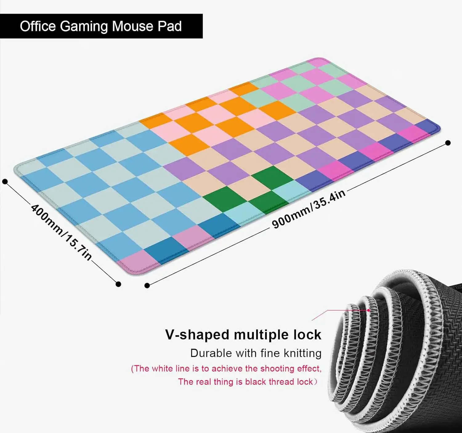 لوحة ماوس ملونة ذات مربعات كلاسيكية - حصيرة مكتب أرجوانية وردية وأزرق وأخضر مع حواف مخيطة وقاعدة مطاطية