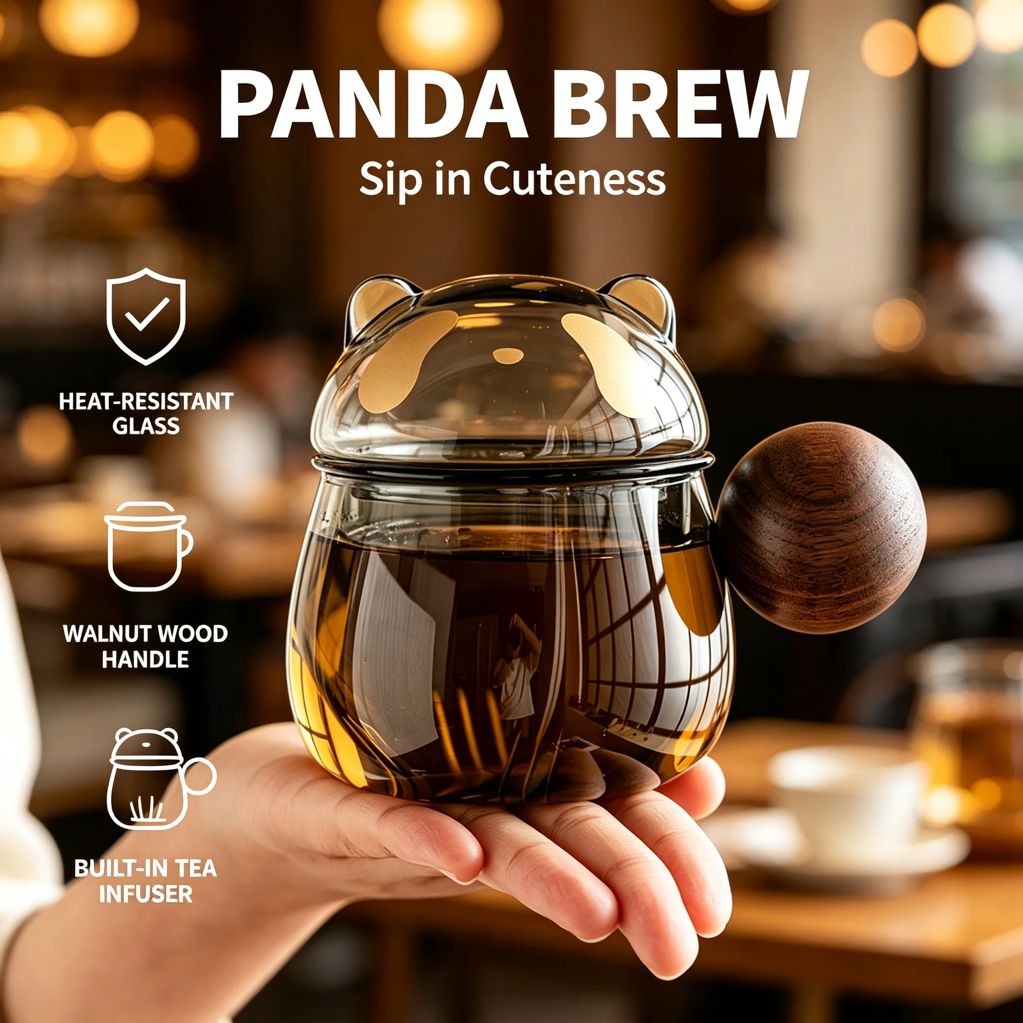 Cute Panda Glass Mug with Tea Infuser and Filter Heat Resistant Office Home Water Cup for Loose Leaf Tea Drinking Gift