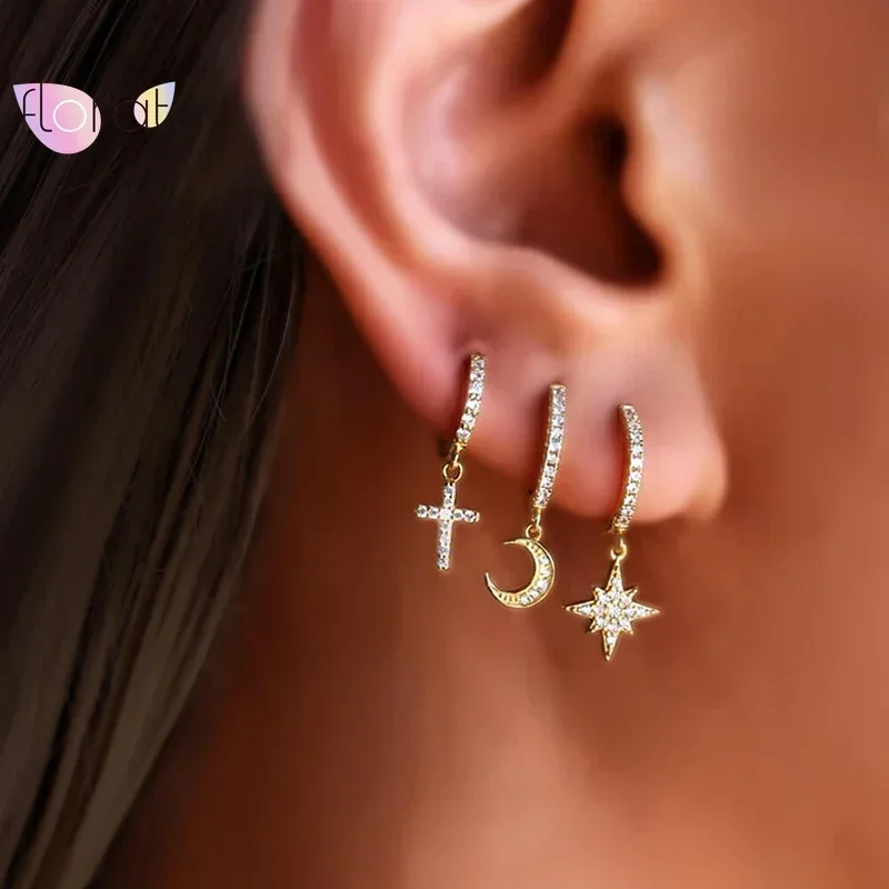 Pendientes con colgante de estrella y luna de cinco puntas, pendientes de aro de aguja de Plata de Ley 925 para mujer, joyería de fiesta de moda con