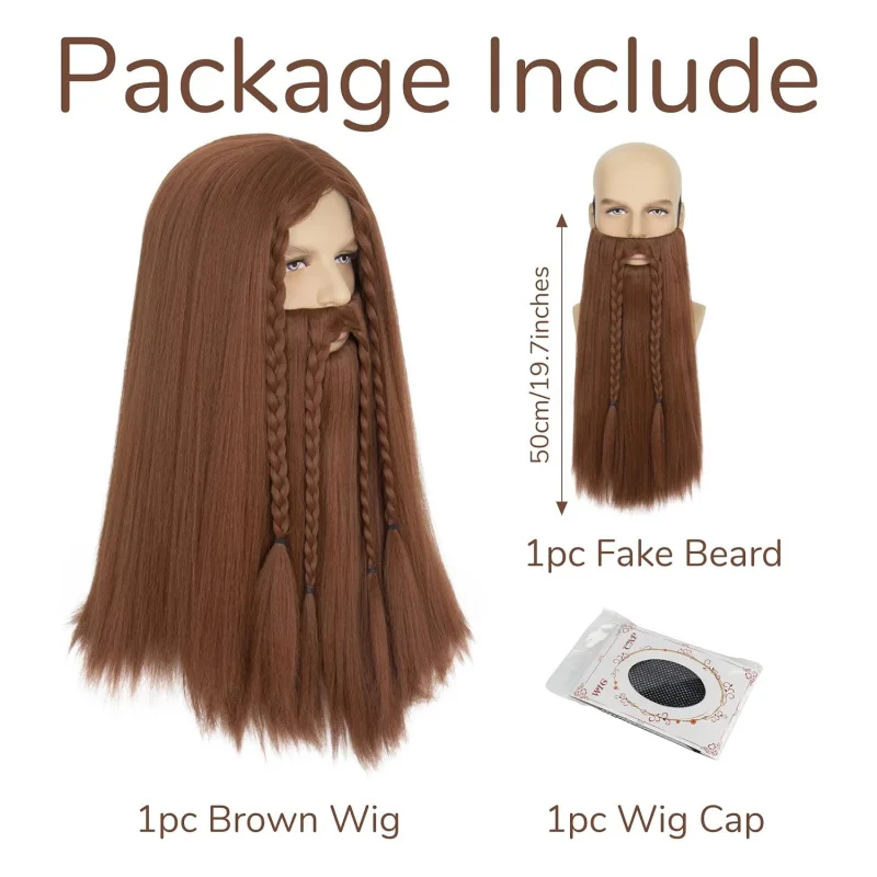 مجموعة شعر مستعار بني طويل مفرود من Miss H ولحية مزيفة للرجال، باروكات فايكنغ مع لحية لحية الهالوين
