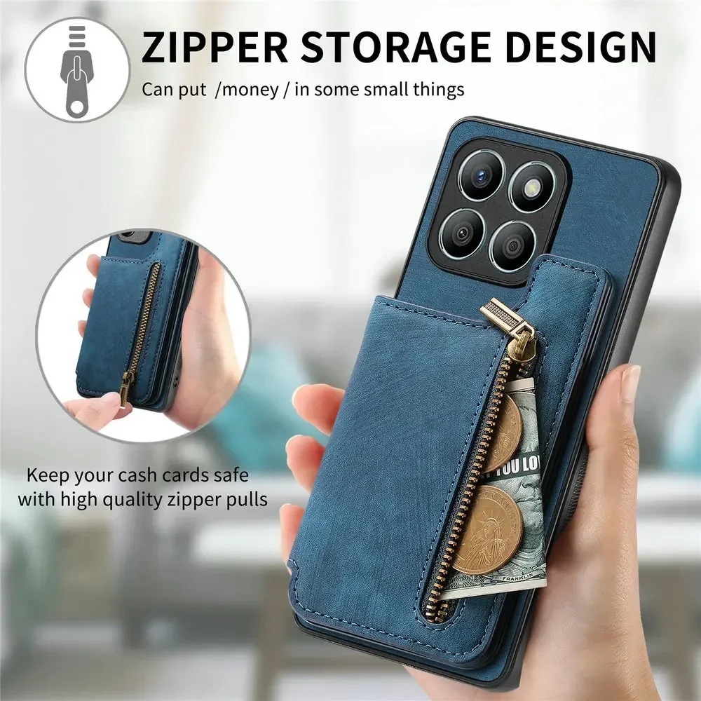 Honor X6B X7C 4G 5G Leather Wallet Case Zipper Card Pocket Funda Honor X7C Case Phone Honor X7B X8B Bumper Armor Magnetic Cover