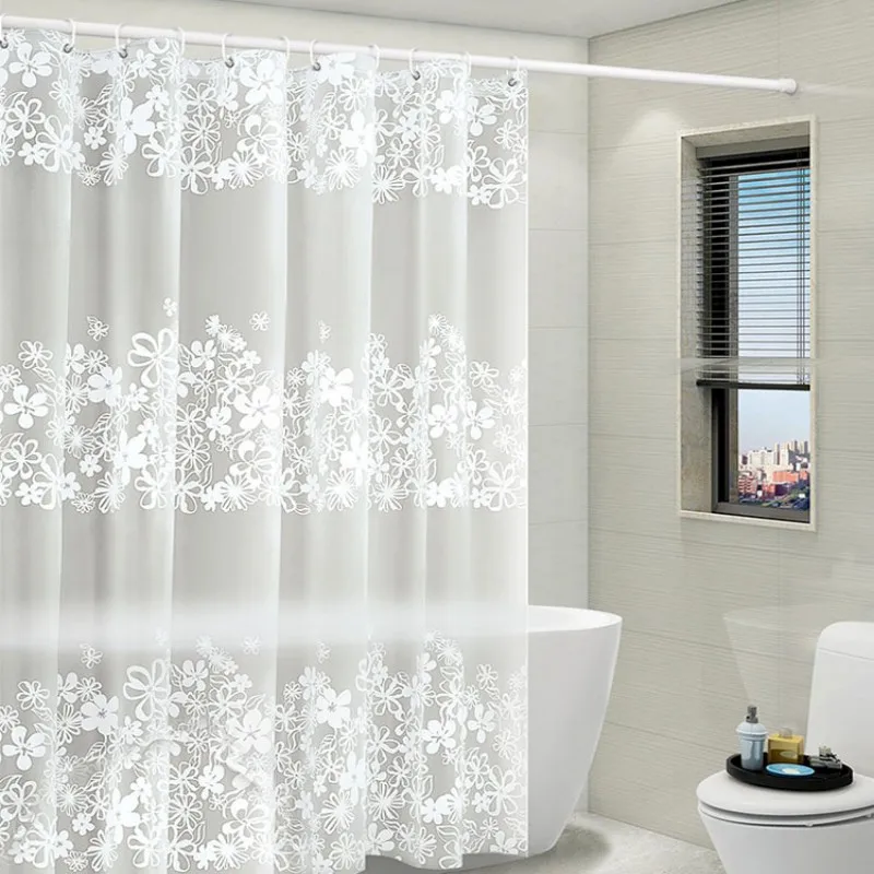 Bathroom Waterproof PEVA Shower Curtain Set With Hooks Bathtub White Flower Mildew Proof Curtains Translucent Bath Screen