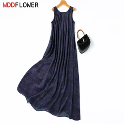 Women Silk Dress 100% Mulberry Silk Navy Denim Printed Sleeveless Loose Long Type Tank Dress O neck Midi Dress Big Hem M1201