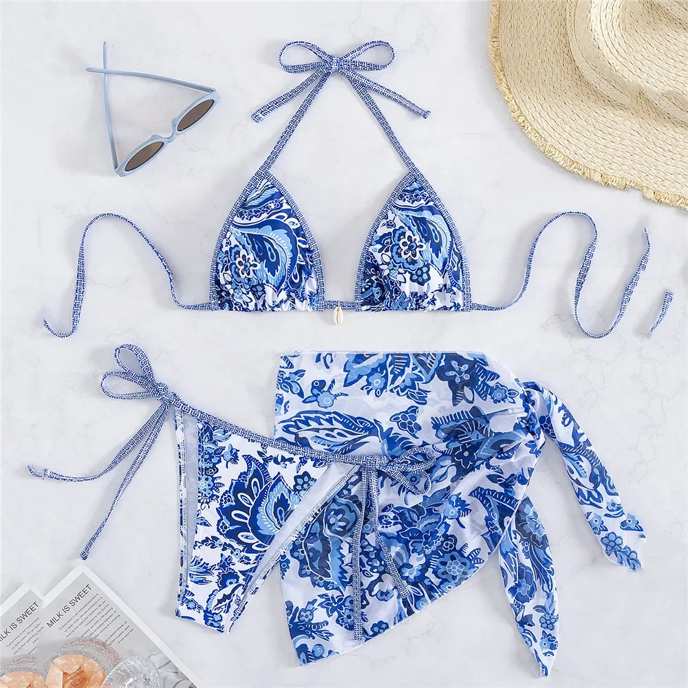 

Vintage Blue Floral Print Swimwear Halter String Triangle 3 Piece Bikini Set Cover Ups Sexy Swimsuit Women Bikinis De Muejr