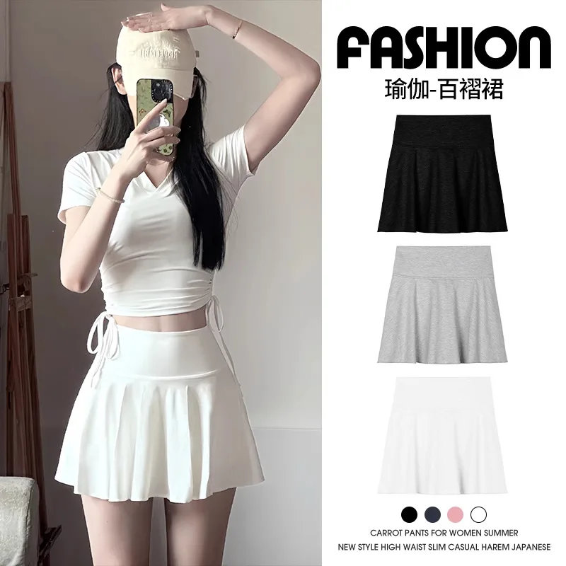 Gonna sportiva estiva da donna2025Nuova gonna a pieghe stile college anti-esposizione dimagrante a vita alta Pantaloni gonna yoga dimagrante