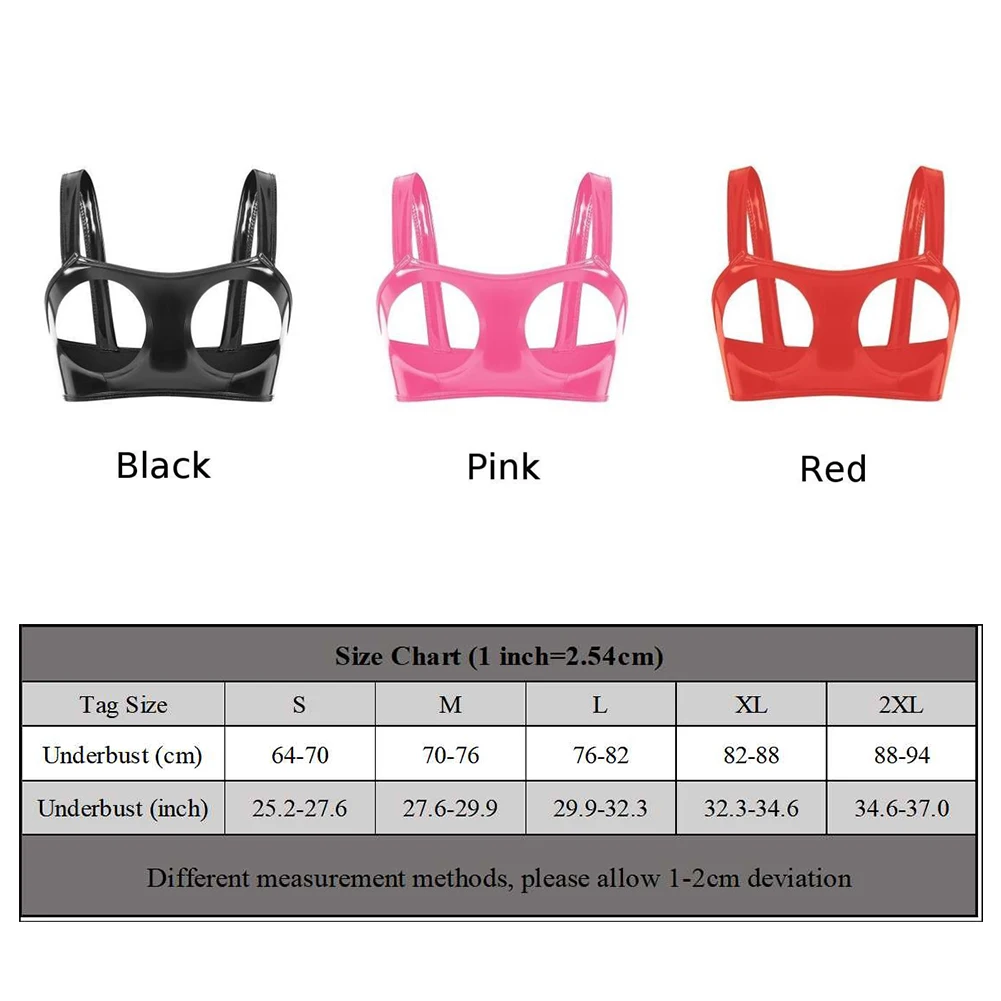 Women Ladies Sexy Lingerie Wetlook Leather Bra Erotic Breast Exposing Open Cup Glossy Sleeveless Solid Color