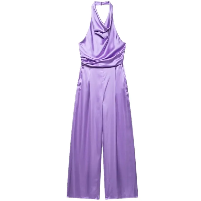 

Summer 2025 Women's Versatile Silk Satin Long Pants One-Piece Suit Hanging Collar Neline All-Match Sle Polyester Fabric