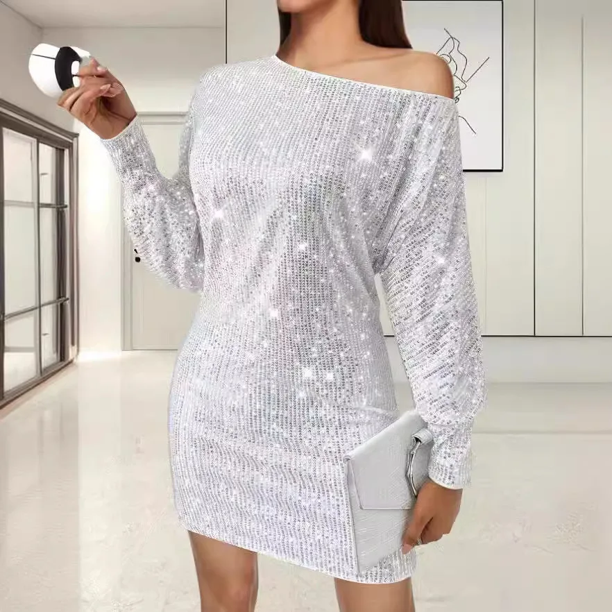 Vestido Midi Sexy de Manga Longa com Lantejoulas Verão 2024 Moda Fena Transfronteiriça Vestido de Poliéster Tricotado Bri...