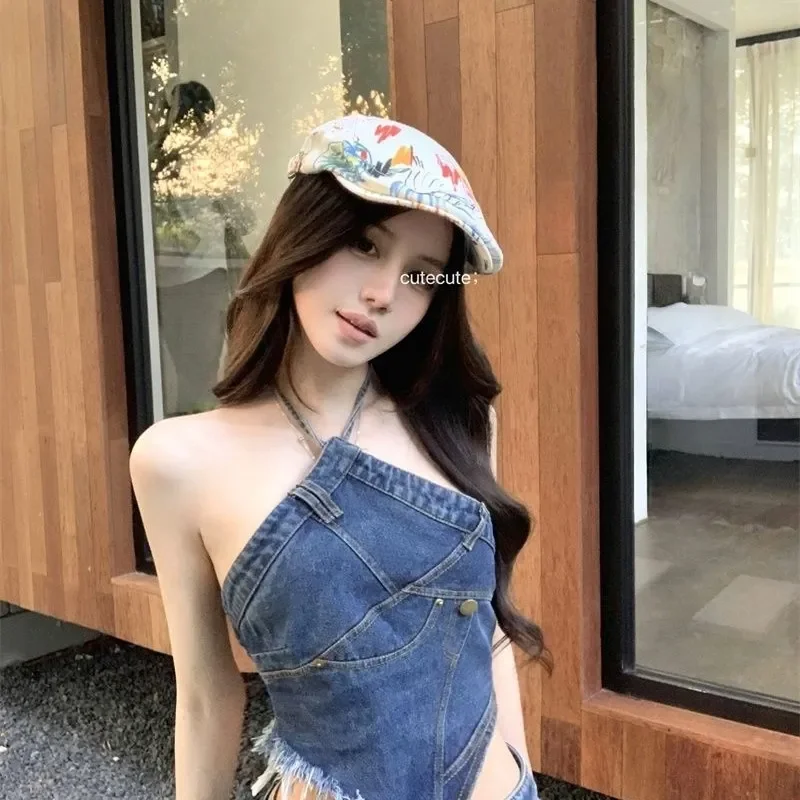 American Denim Halter Neck Suspender Mujer Verano Sexy Parte de atrás bonita Diseño delgado Top irregular