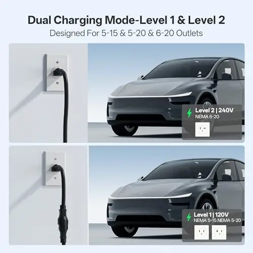 

Портативное зарядное устройство для электромобилей 16А, кабель 7,6 м, адаптер 240В NEMA 6-20 и 120В, совместимо со всеми моделями