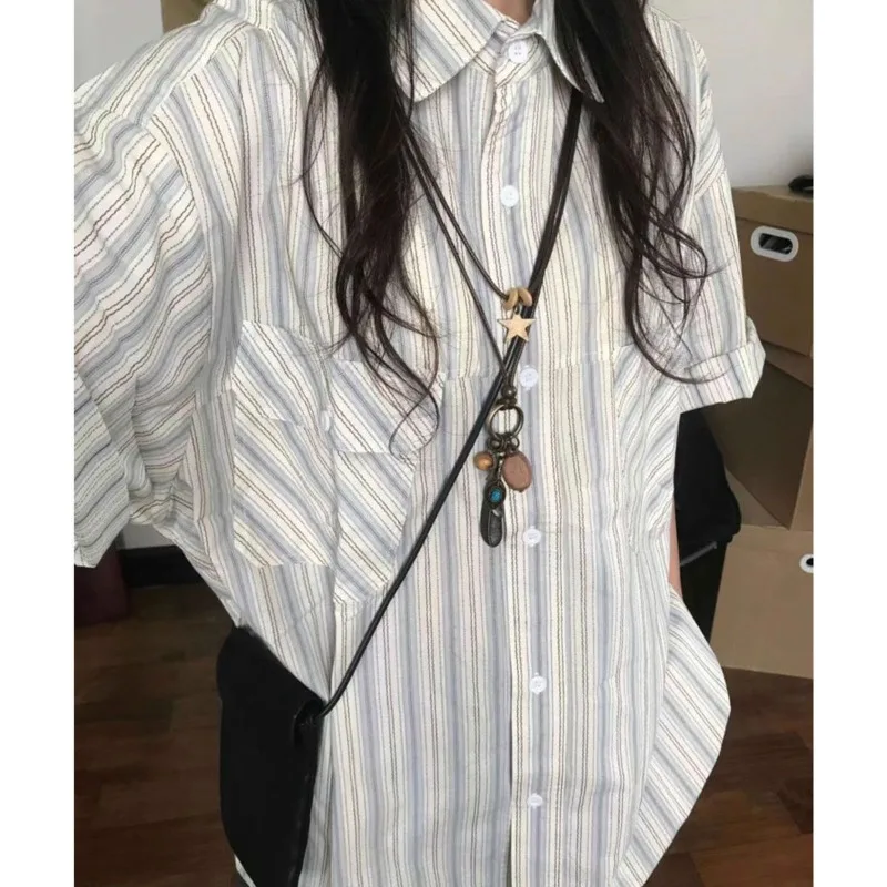 Stripe Oversized Short Sleeve Shirt Woman Japanese Vintage Button Up Blouses Summer Harajuku Fashion Casual Korean Style