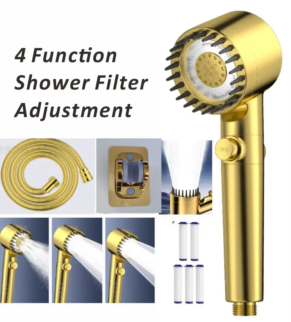 

High Pressurized Filter Gold Shower Head 3 Modes Adjustable Spray With Massage Brush Rain Faucet Shower Set Bathroom Accessory