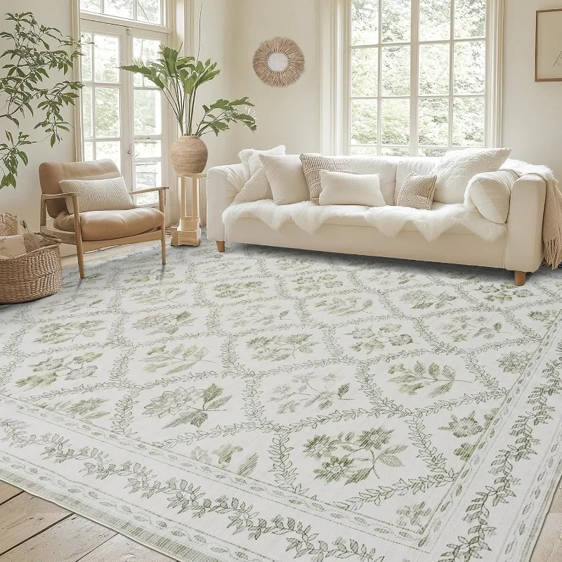 

Sage Green Rugs for Bedroom 6x9 Area Rug for Living Room Machine Washable Light Green Cream Beige Printed Non-Slip Vintage Flora