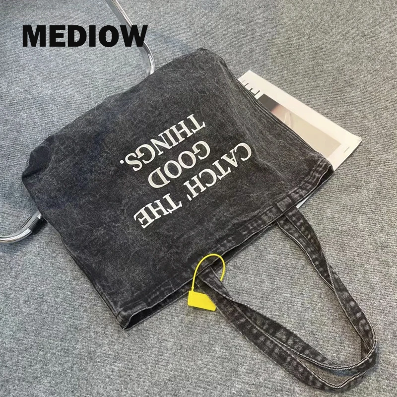 MEDIOW Casual Tote Bags For Women Luxury Designer Handbags And Purses 2023 New In Denim Letters Decoration Shoulder Cloth Bag