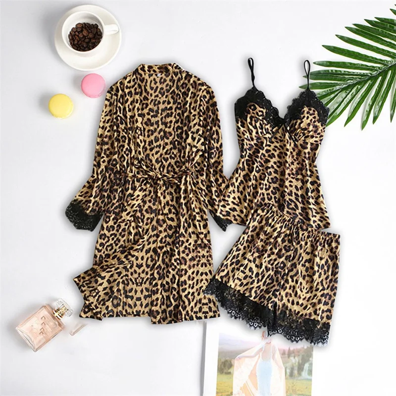 Leopard Print Homewear Lace Patchwork Sexy Women Pajamas Set Sleepwear Sleeping Loungewear Pyjamas Nightwear Nightgown Bathrobe