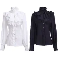 2026 Summer New Arrival Women's Vintage Ruffle Collar Shirt High Neck Lace Trim Button Down Shirt Elegant Gothic Blouse Tops