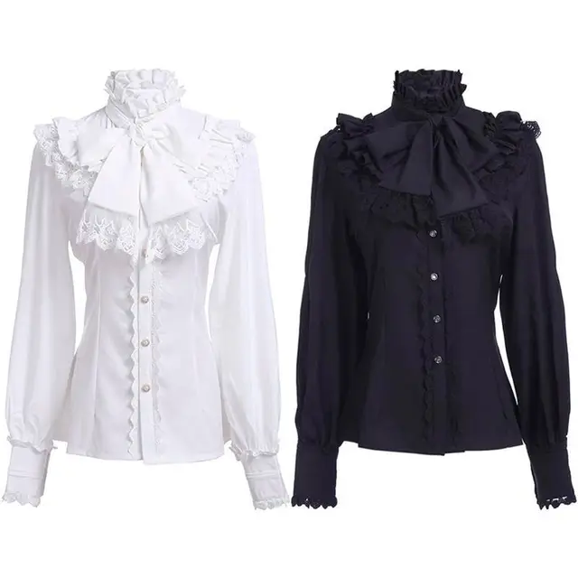 2026 Summer New Arrival Women's Vintage Ruffle Collar Shirt High Neck Lace Trim Button Down Shirt Elegant Gothic Blouse Tops