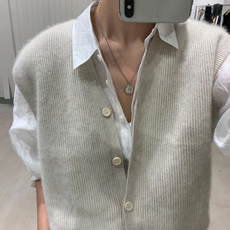 S-4XL Sweater Vest Women Clothing Retro Solid Button-up Knit Outwear V-neck Loose-fit Sleeveless Sweaters Lady Japanese Style