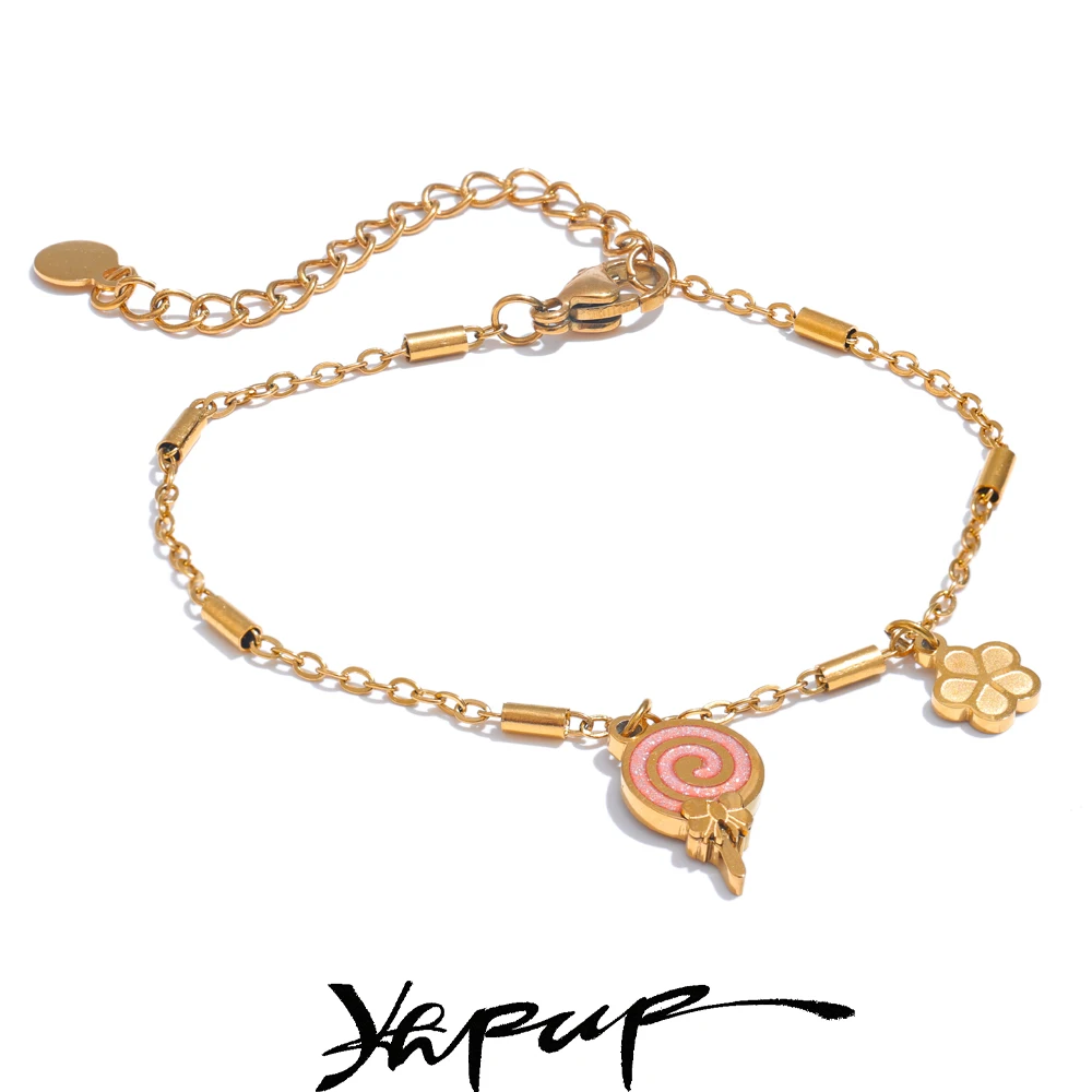 Yhpup Fashion Stainless Steel Enamel Lollipop Flower Drop Golden Bracelet Bangle High Quality Sweet Wrist Jewellery Gift