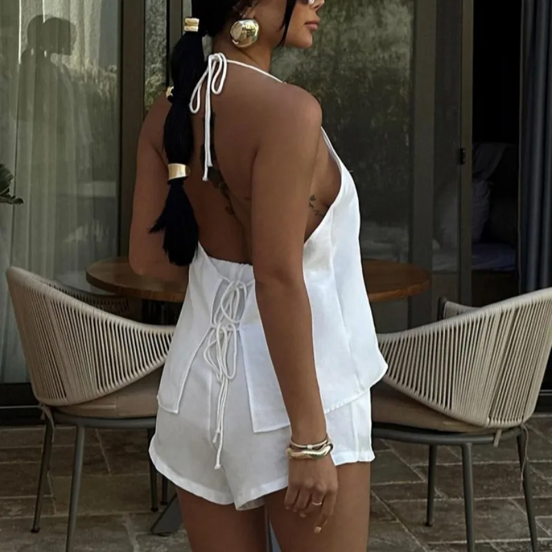 

Women Sexy Hanging Neck Lace-up Sleeveless Top Slim Shorts Set White Shorts Two Piece Summer Hot Girls Women Pants Set
