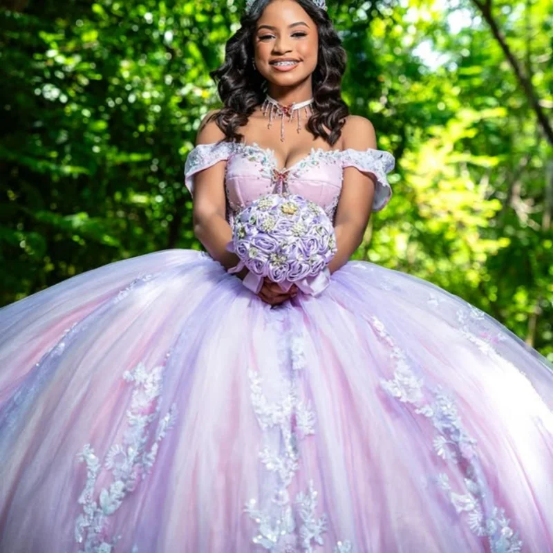 

Shiny lavender Off Shoulder Quinceanera Dress sequin crystal layering 3D flower vestidos de 15 Quinceanera ﻿Customized