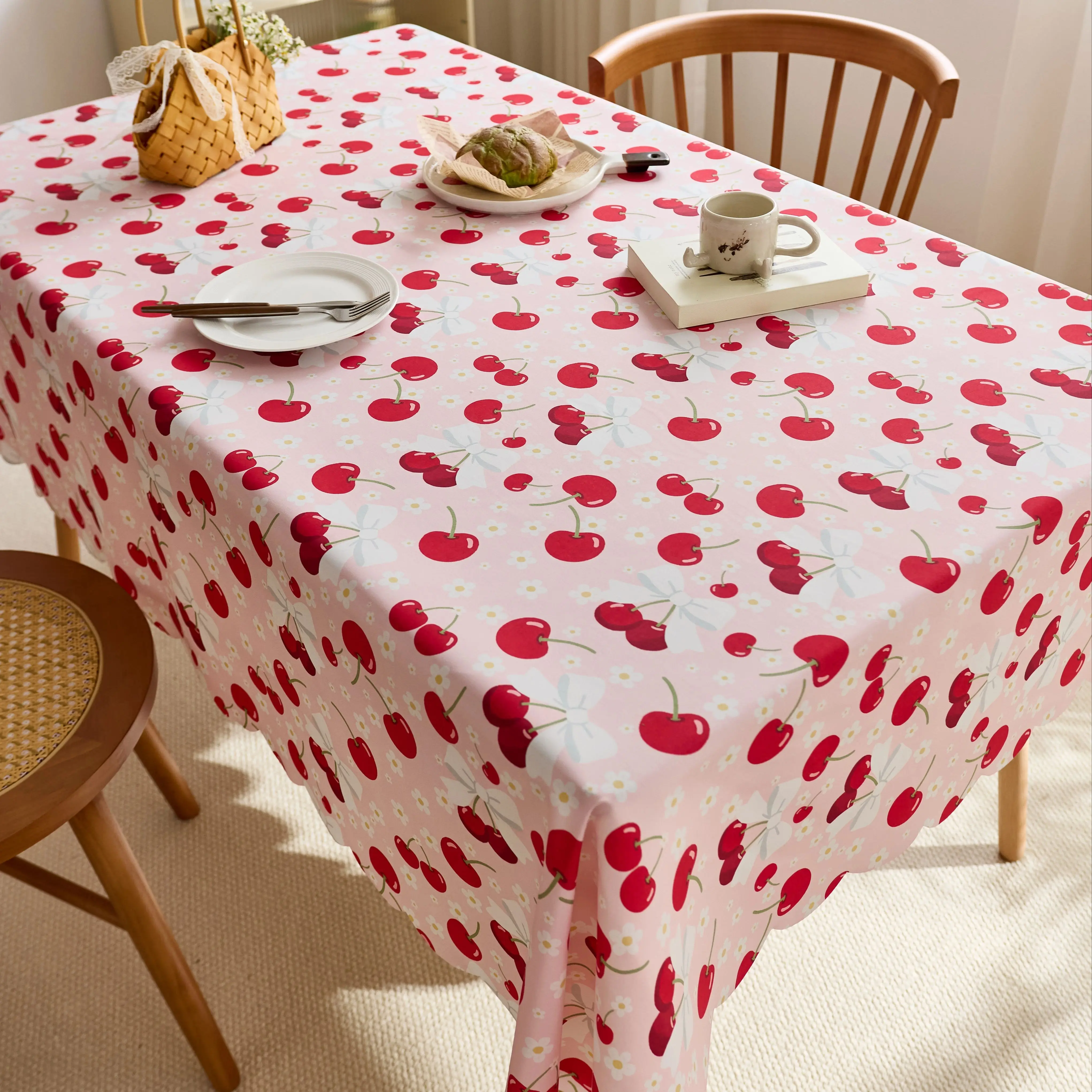 Sweet Cherry & Bow Design Tablecloth Anti-Skid Stain-Resistant Fabric Table Cloth for Dining Room Picnic Cute Pastoral Style
