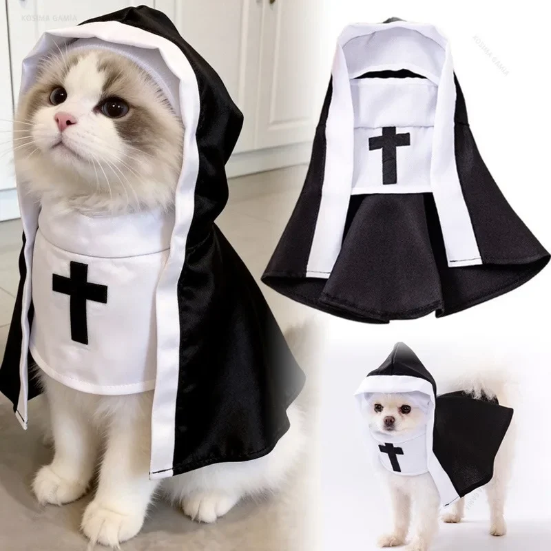 Hooded Cross Design Cosplay Outfit Funny Halloween Pet Nun Costume Cute Photo Prop for Small Medium Dogs Cats Party Pet Supplies