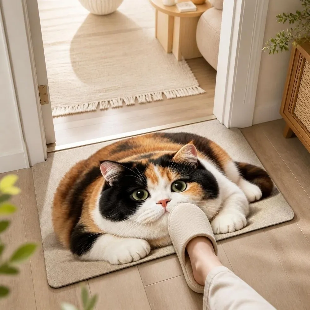 Practical Diatomite Cat Print Doormat Absorbent Non-slip Entryway Rug Wear-resistant Washable Pet Floor Mat Hallway