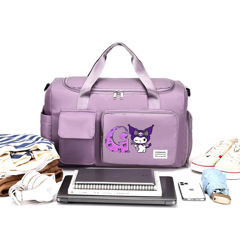 Kuromi Women Carry on Travel Bags Anime Sanrio Printed Letter Large Gym Duffle Bags with Shoe Compartment Sport Fitness Handbags