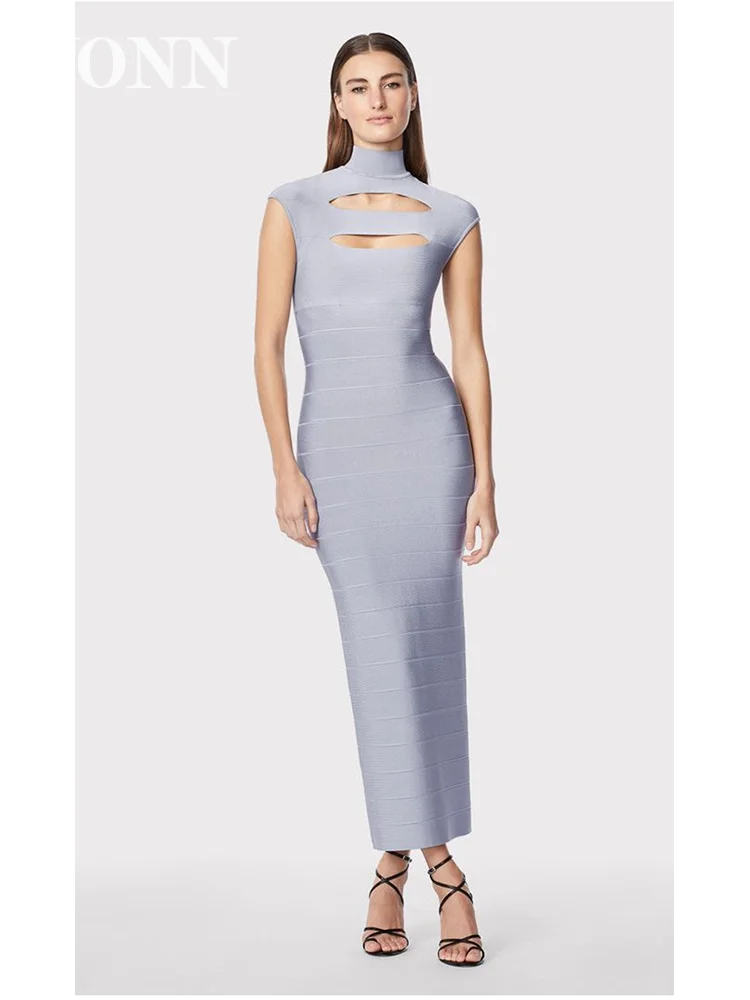 

JONN Sexy Turtleneck Sleeveless Hollow Out Bandage Dress Women Tank Bodycon Long Elegant Evening Party Runway Dresses Gowns