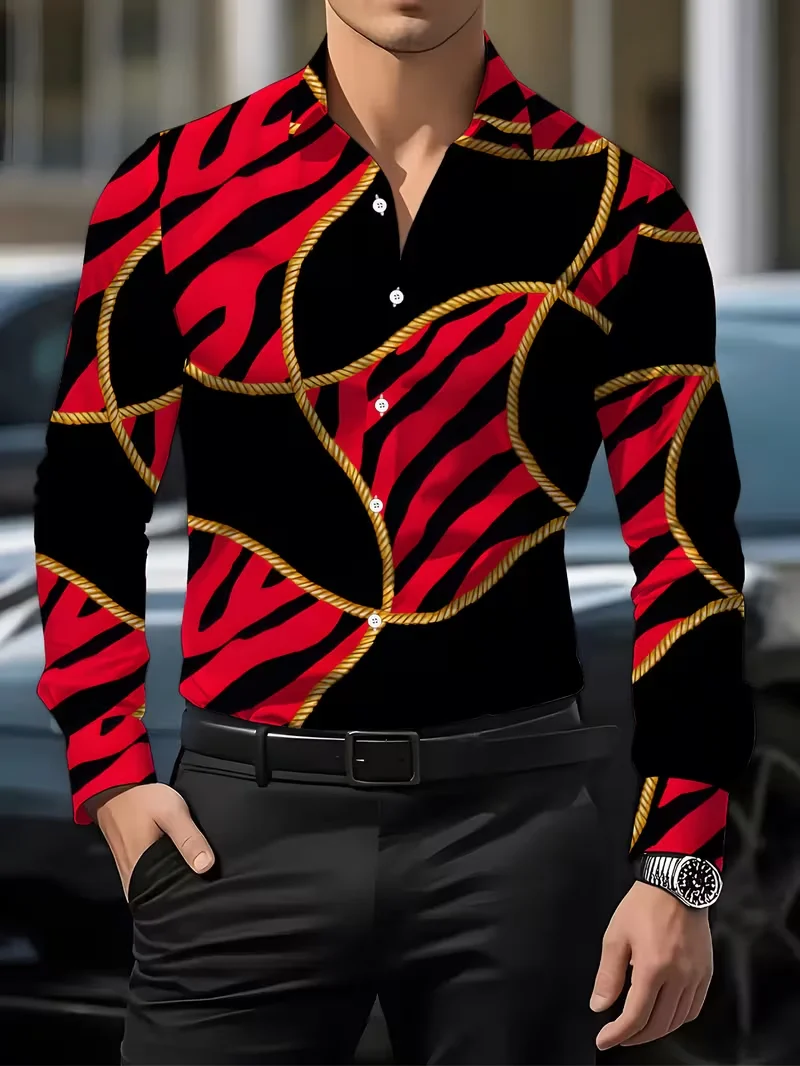 men's long sleeved shirt 3D printed line pattern design and men's lapel button Spring Autumn casual top Men Clothing