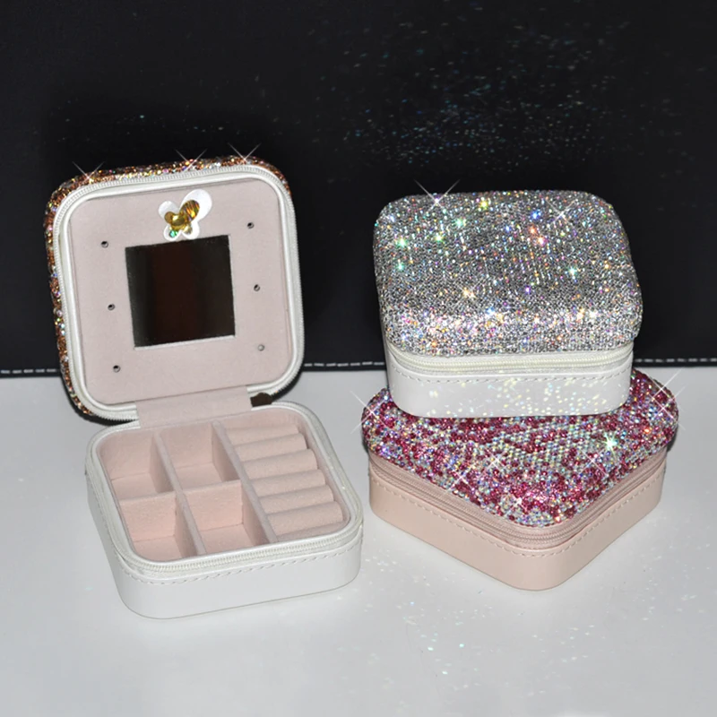 Creative Crystal Diamond Mini Cosmetic Case With Mirror Portable Cosmetic Case Leather Storage Jewelry Earring Organizer