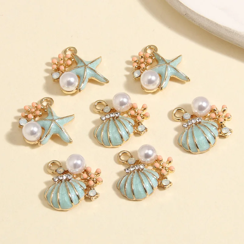 5pcs Gold Color 15x15mm Lovely Enamel Shell Starfish Pearl Flower Charms Sea Pendant Fit DIY Handmade Jewelry Making Supplies