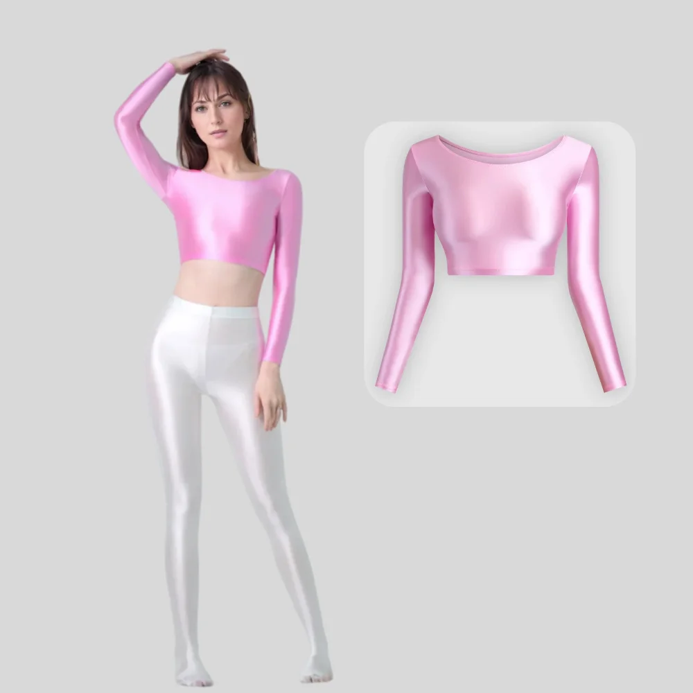 Young satin glossy long sleeve navel top sports casual tights clothes slim hot spring smooth satin glossy swimsuit top