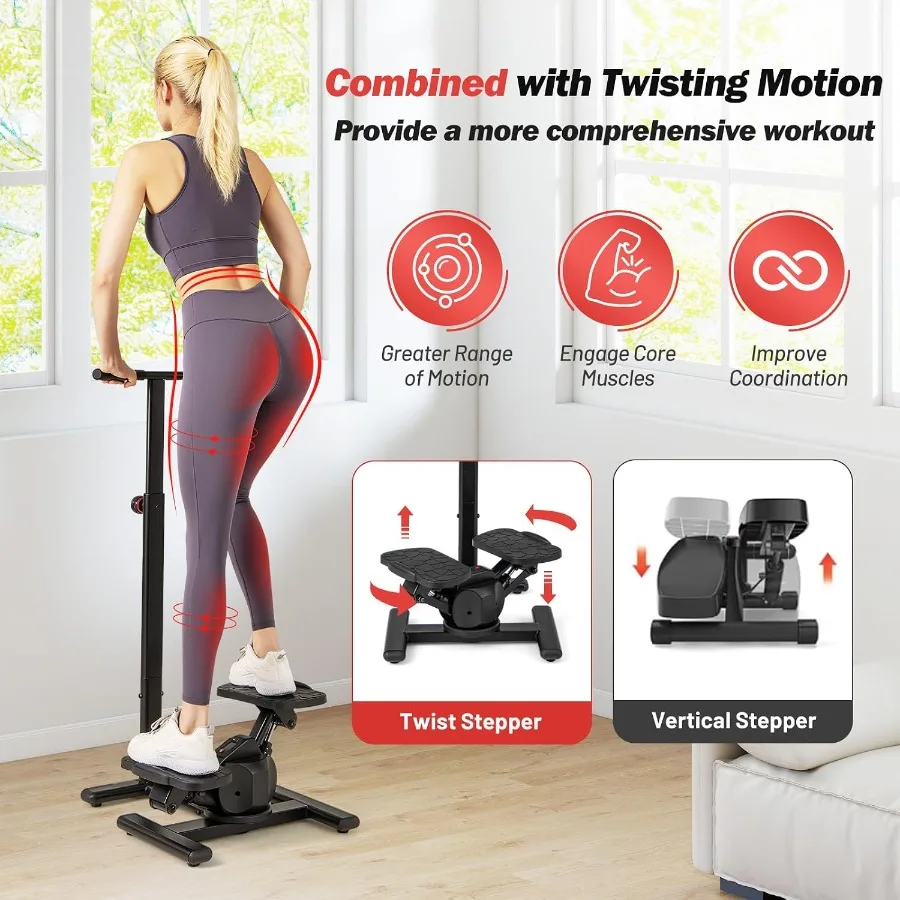 Exercise Stepper with Handle Bar, 330 LBS Twist Stepper with LCD Monitor and Oversize Pedals, Portable Hydraulic Mini Stair Ste