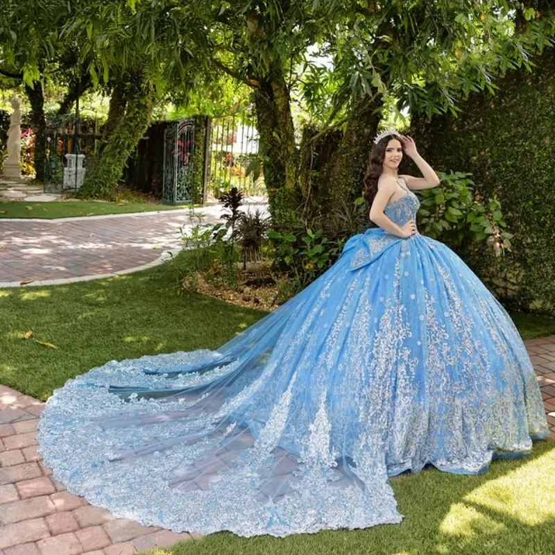 فستان Quinceanera مكشوف الأكتاف باللون الأزرق الملكي اللامع مخصص مزين بالترتر من التل ثلاثي الأبعاد بذيل طويل فيستدوس دي 15 Quinceanera #2