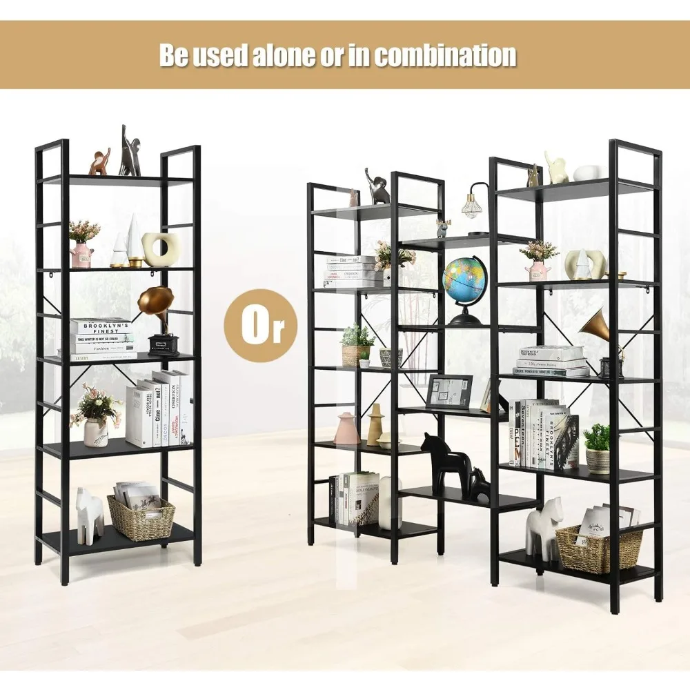 Тройная широкая 5-ярусная книжная полка в винтажном индустриальном стиле, большая открытая витрина и стеллаж для хранения с металлическими акцентами